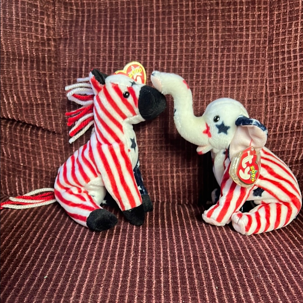 Ty Plush Lefty 2000 Zebra and Righty 2000 Elephant - Red, White, and Blue
